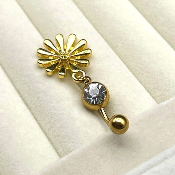 316L Stainless Steel with White Diamond Cubic Zirconia Daisy Flower Belly Ring - Picture 5 of 7